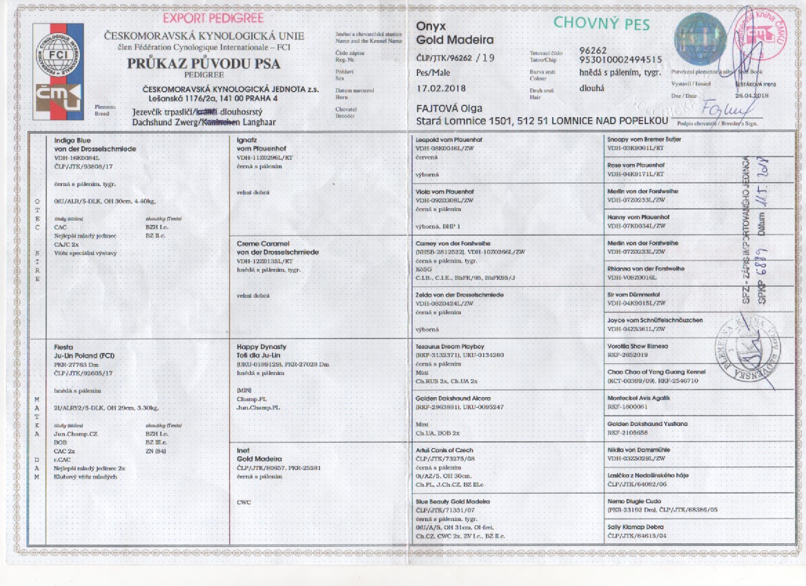 Průkaz původu Onyx Gold Madeira